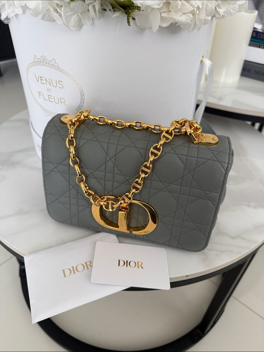 Dior Gray Quilted Leather Shoulder Bag with Gold CD Chain